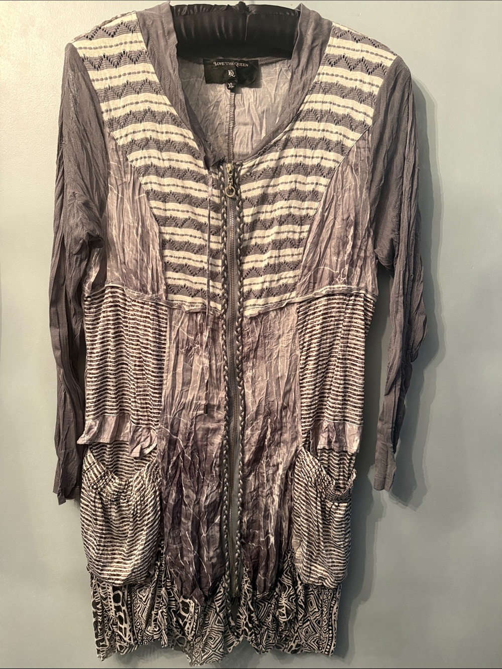 Long Sleeve Gray Striped Tie-Dye Tunic Cardigan